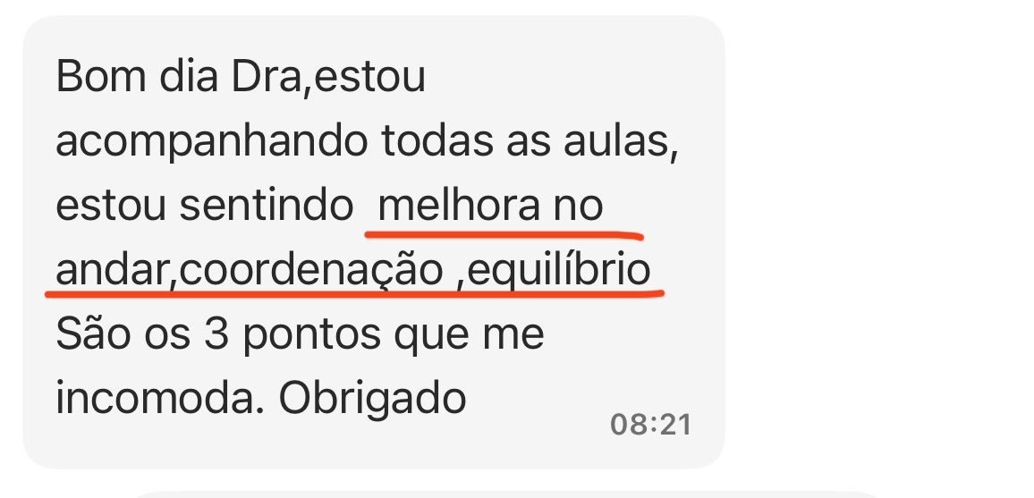 Mensagem de aluno relatando melhora no andar, na coordenação e no equilíbrio