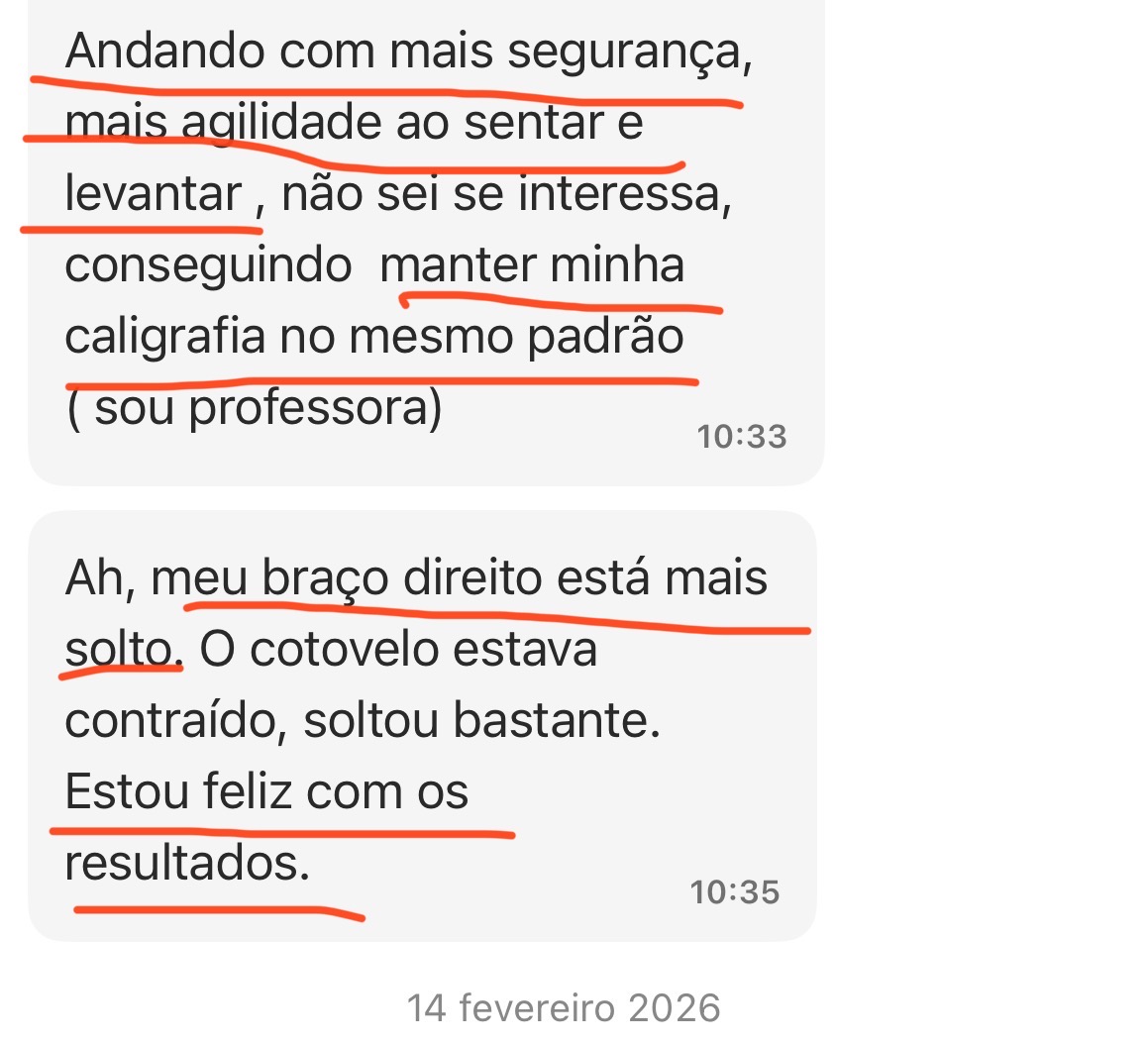 Mensagem de aluna relatando mais segurança ao andar e braço mais solto