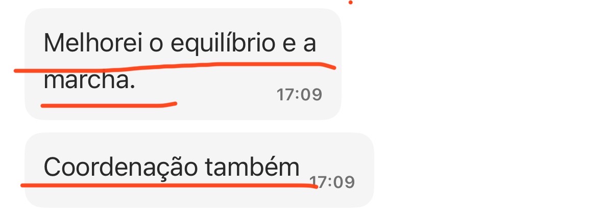 Mensagem de aluno relatando melhora no equilíbrio, marcha e coordenação