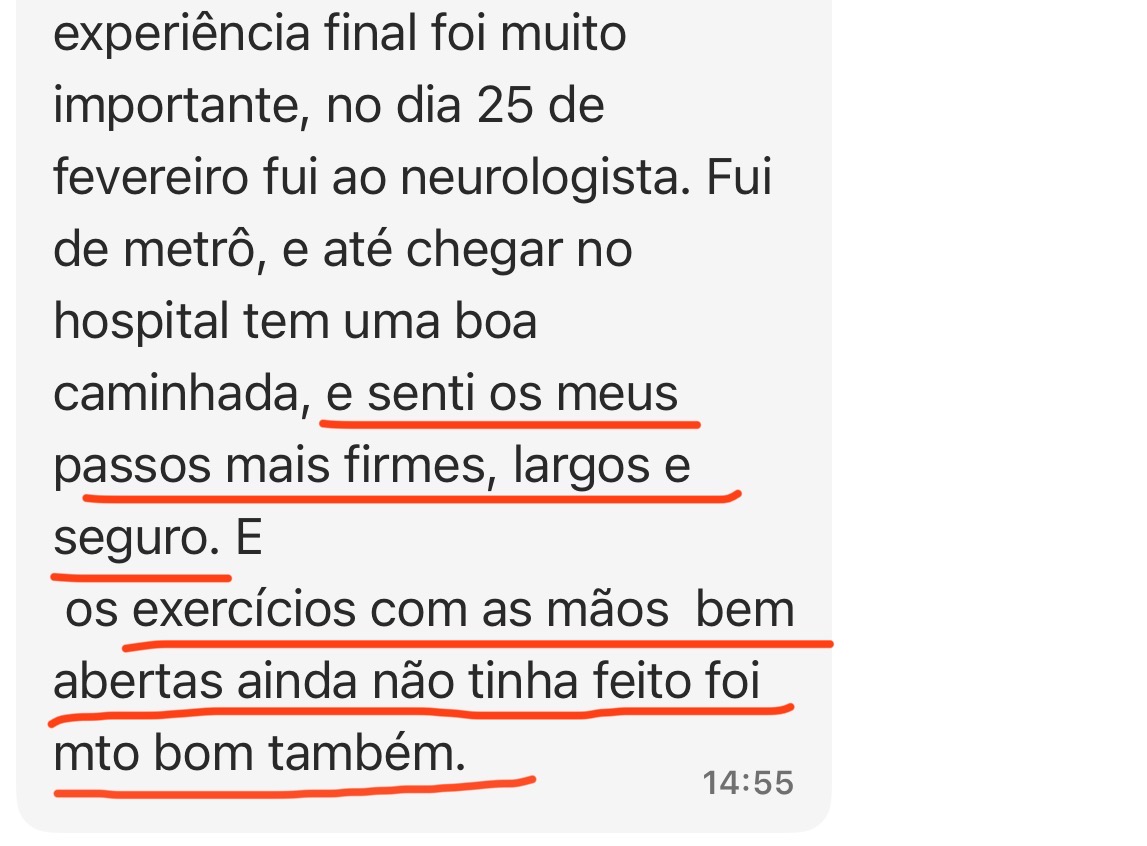 Mensagem de aluno relatando passos mais firmes e seguros ao caminhar